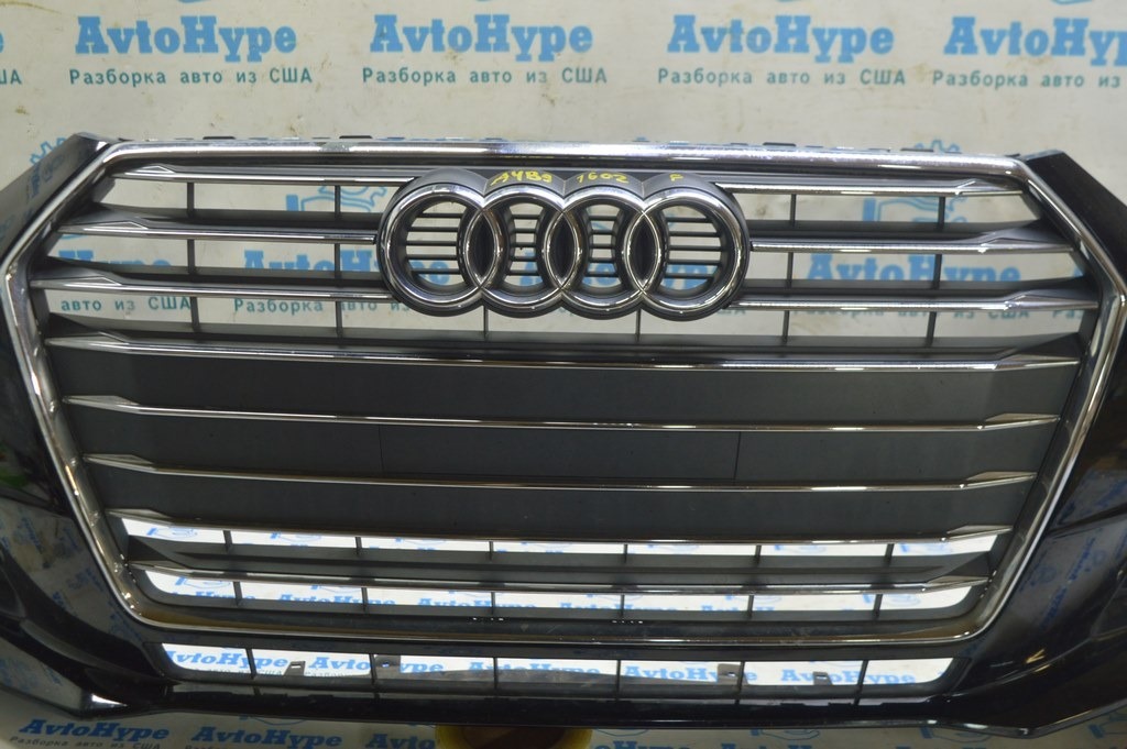 Бампер передний в сборе Audi A4 B9 17-19 без омывател и парктрон, черный, с решеткой рад (02) — фото 2