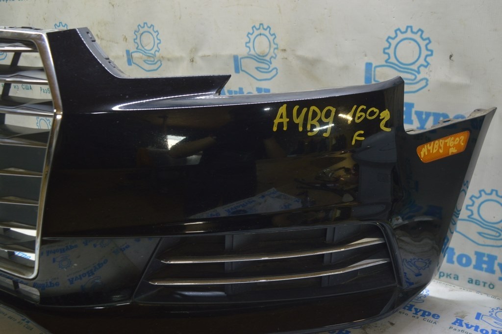 Бампер передний в сборе Audi A4 B9 17-19 без омывател и парктрон, черный, с решеткой рад (02) — фото 3