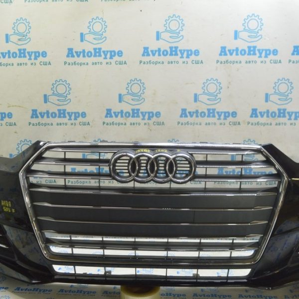Бампер передний в сборе Audi A4 B9 17-19 без омывател и парктрон, черный, с решеткой рад (02) 8W0807065M GRU
